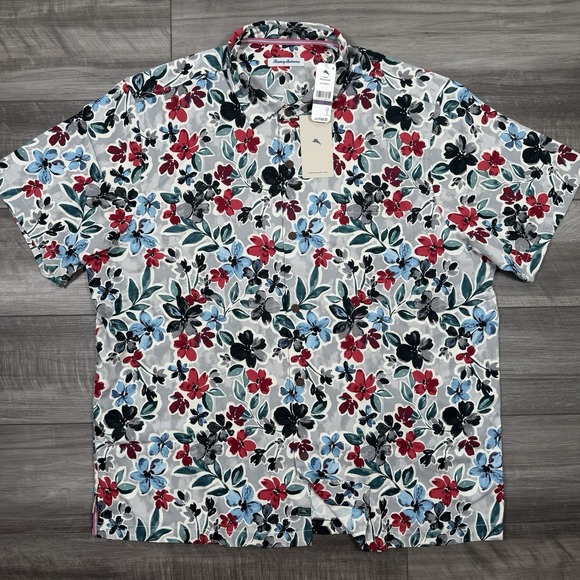 Tommy Bahama Men's Tropicana Blooms Silk Camp Shirt Gray Floral‎ NEW $148 - Picture 2 of 5